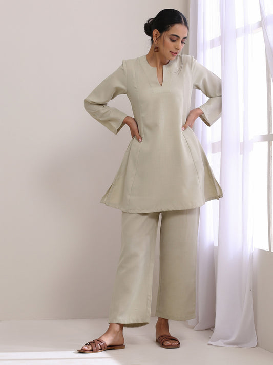 trueBrowns Light Grey Slub Co-Ord Set - Swadesiicart