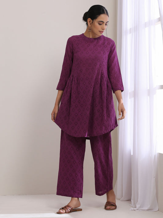 trueBrowns Plum Purple Dobby Gathers Co-Ord Set - Swadesiicart