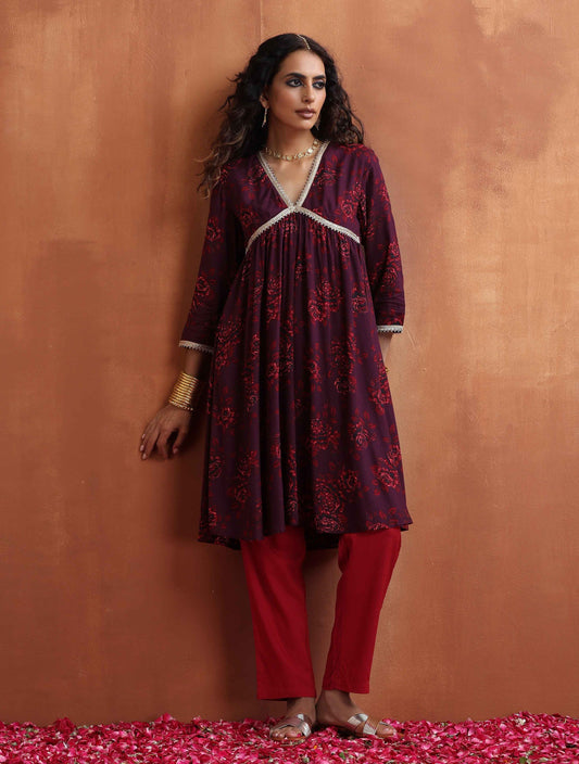 trueBrowns Purple Floral Print Anarkali Kurta Co-ord Set - Swadesiicart