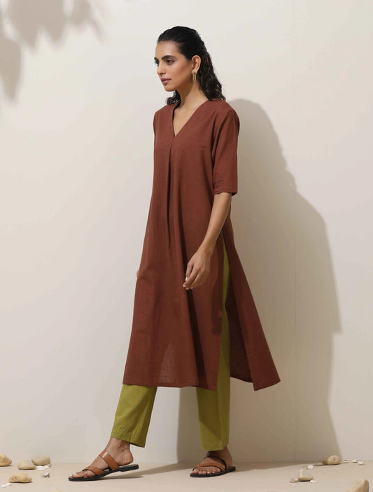 trueBrowns Brown Cotton Linen Kurta Pant Set | Swadesiicart