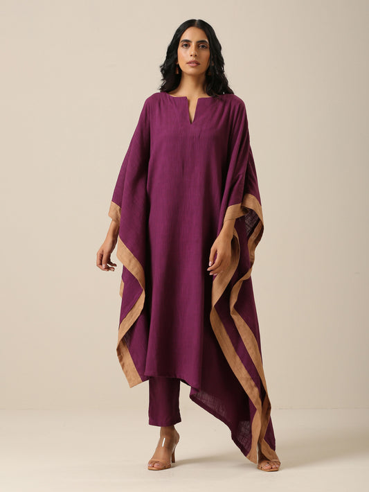 trueBrowns Plum Purple Slub Texture High Low Kaftan Pant Set | Swadesiicart