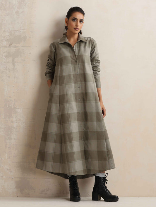 trueBrowns Green Check Flared Winter Dress | Swadesiicart