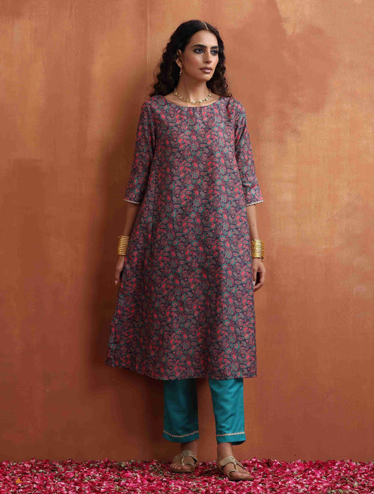 trueBrowns Purple Print A-line Kurta Set | Swadesiicart