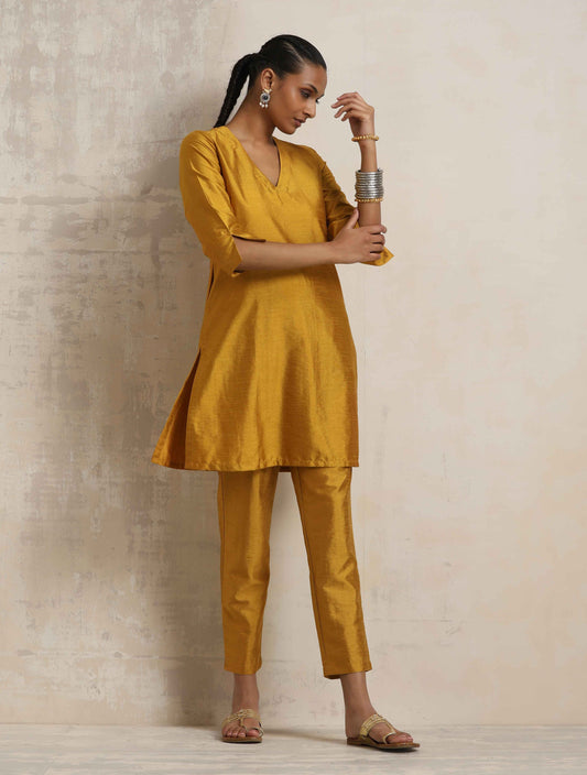 trueBrowns Gold Silk Kurta Co-ord Set - Swadesiicart