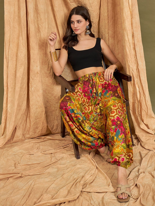 InWeave Mustard Multi Flower Harem Pant - Swadesiicart