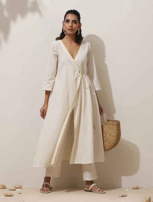 trueBrowns Off White Cotton Linen Angrakha Kurta Pant Set | Swadesiicart