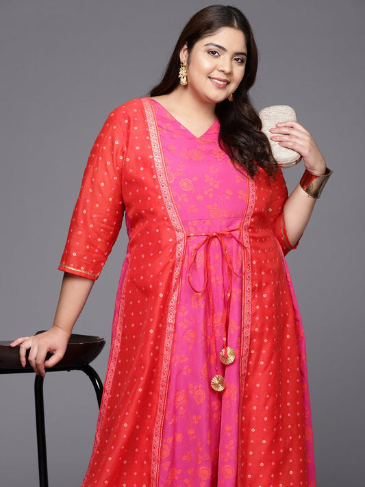 Ahalyaa Plus Size V-neck Maxi Ethnic Dress | Swadesiicart
