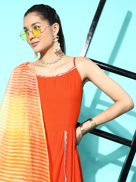 InWeave Women's Orange Red Gota Strappy Set With Orange Leh Dupatta - Swadesiicart
