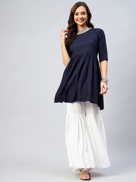 InWeave Women's Navy Blue Short Anarkali Kurta - Swadesiicart