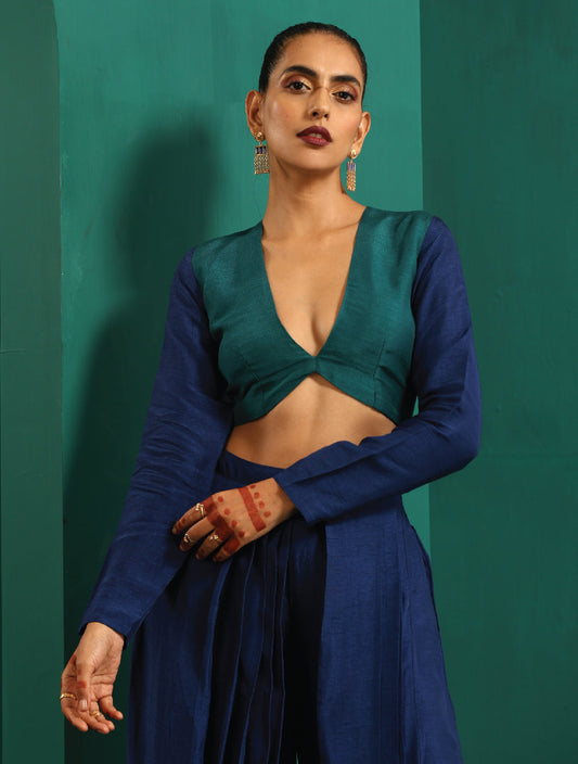 trueBrowns Teal Blue Silk Full Sleeve Blouse | Swadesiicart