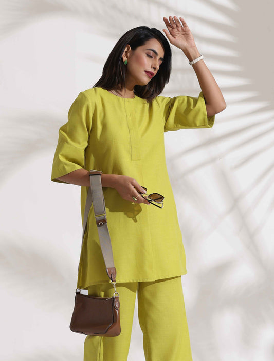 trueBrowns Lime Slub Co-ord Set - Swadesiicart