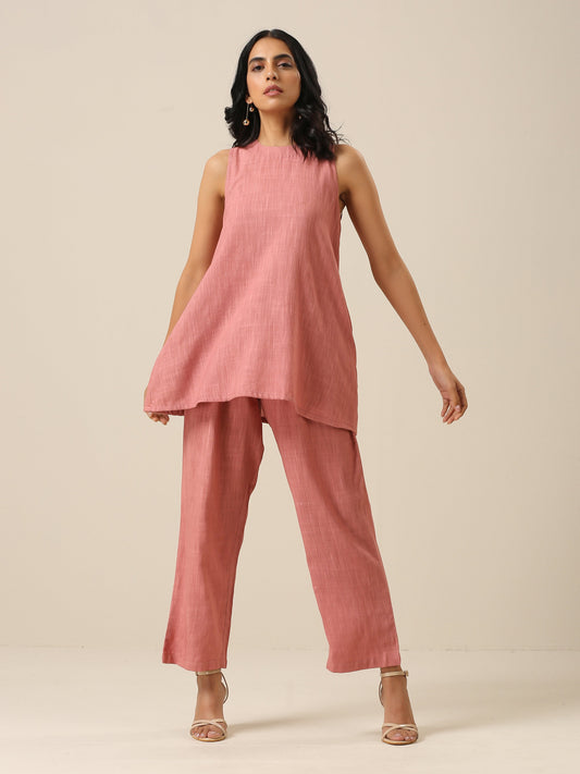 trueBrowns Light Mauve Slub Textured Sleeveless Short Co-Ord Set - Swadesiicart