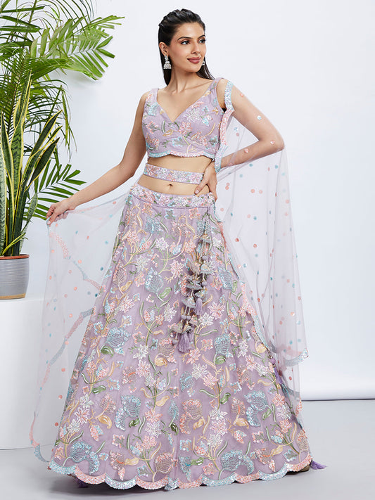 House of Panchhi Pink Chiffon Sequins And Thread Embroidery Lehenga Choli & Printed Dupatta | Swadesiicart