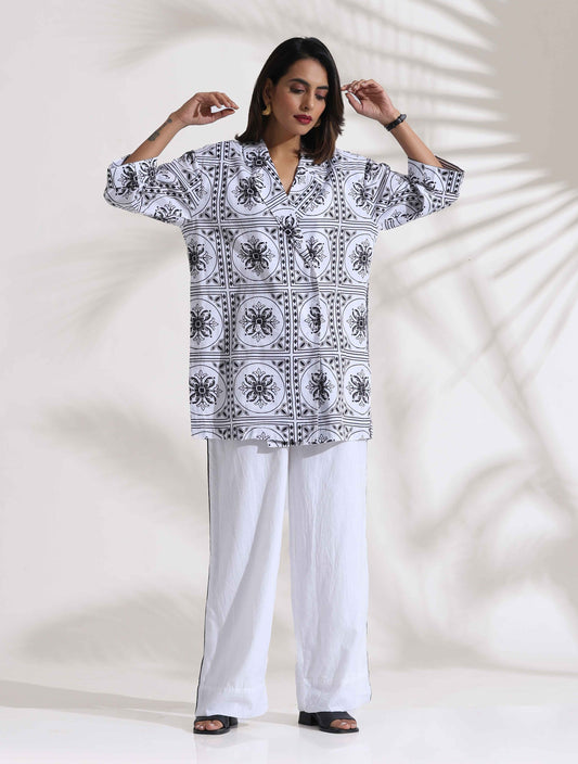 trueBrowns White Cotton Print Jacket Co-ord Set - Swadesiicart