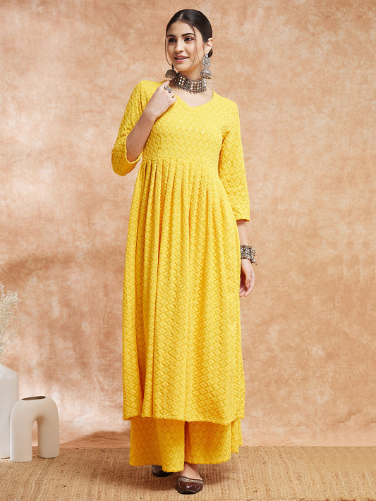 InWeave Women's Butter Yellow Chikankari Long Anarkali Kurta Sharara Set - Swadesiicart