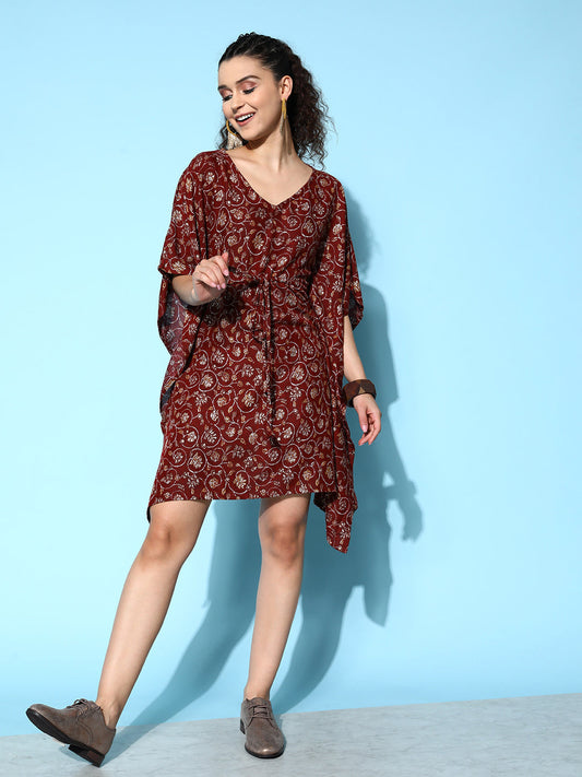 InWeave Women's Burgundy Jaal Print Kaftan Dress - Swadesiicart