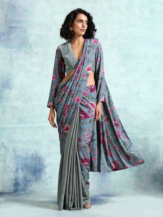 trueBrowns Grey Printed Velvet Ready to Wear Saree | Swadesiicart