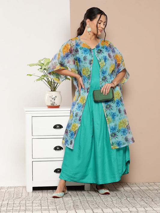 InWeave Women's Teal Blue Strappy Set With Blue Yellow Floral Cape - Swadesiicart