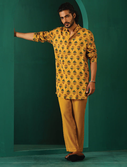 trueBrowns Men's Mustard Flower Stem Muslin Silk Printed Co-ord Set - Swadesiicart