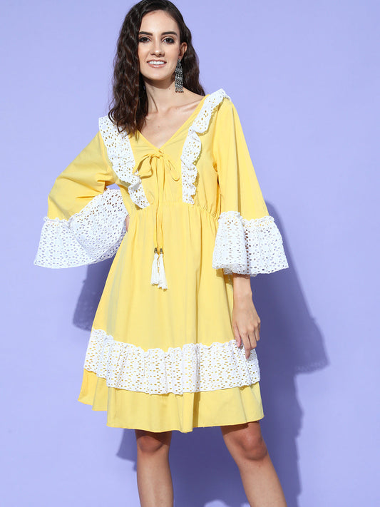 InWeave Women's Yellow Lacy Short Dress - Swadesiicart