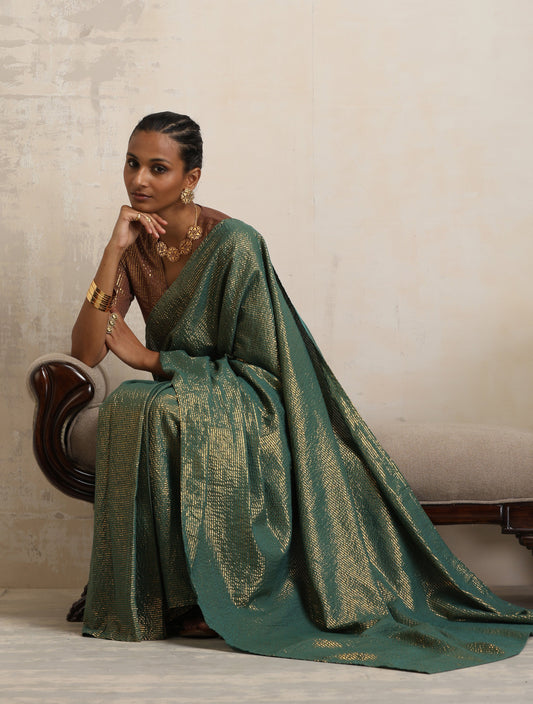 trueBrowns Dark Green Gold Metallic Ready To Wear Saree | Swadesiicart