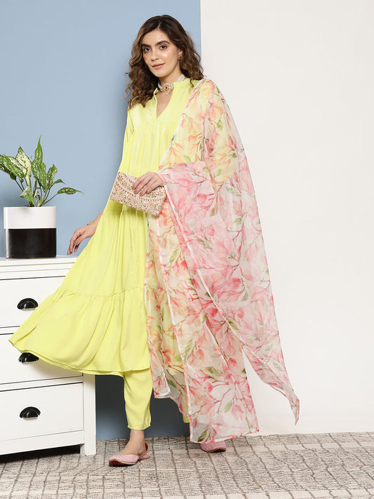 InWeave Women's Lime Green Tiered Anarkali Kurta Set - Swadesiicart