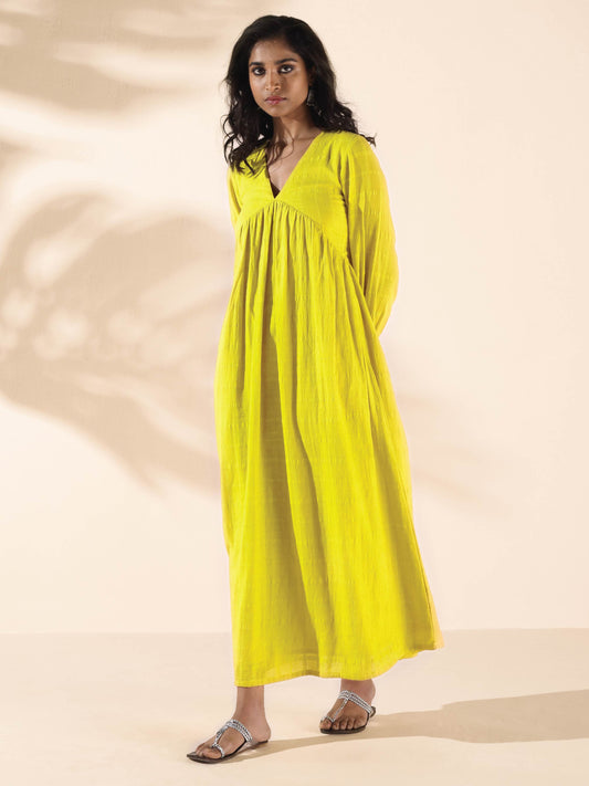 trueBrowns Lime Cotton Dobby Flared Dress | Swadesiicart