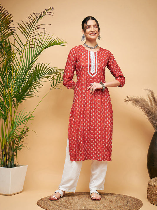 InWeave Women's Rust Small Floral Print Lace Straight Kurta Pant Set - Swadesiicart