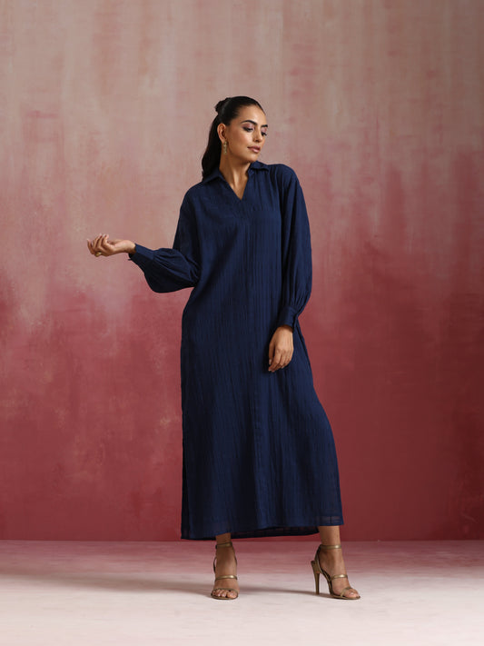 trueBrowns Dark Blue Cotton Dobby Dress | Swadesiicart