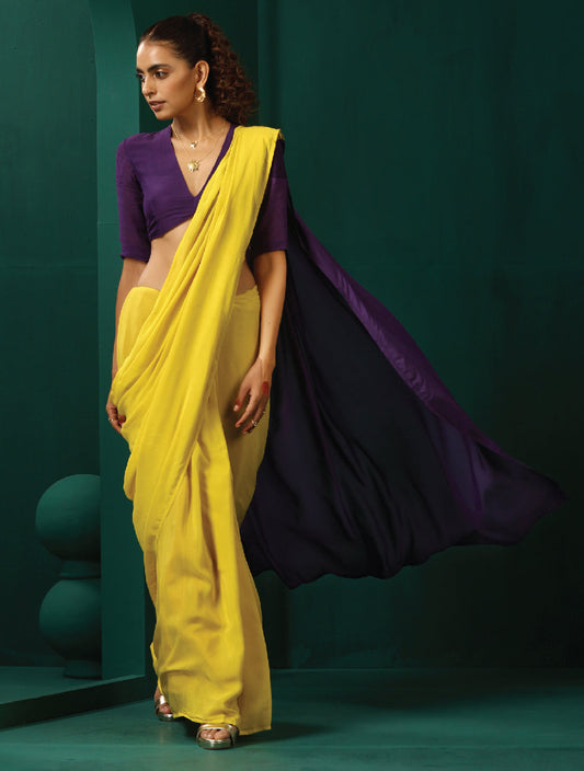 trueBrowns Yellow Purple Muslin Silk Ready to Wear Saree | Swadesiicart