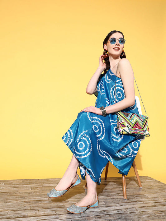 InWeave Women's Blue Bandhani Motif One Shoulder Palazzo Set - Swadesiicart