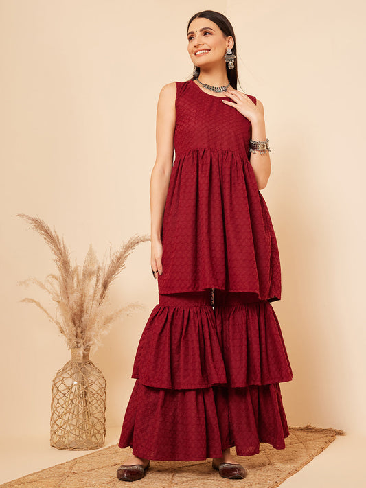 InWeave Women's Carmine Maroon Lace Work Double Layer Sharara Set - Swadesiicart