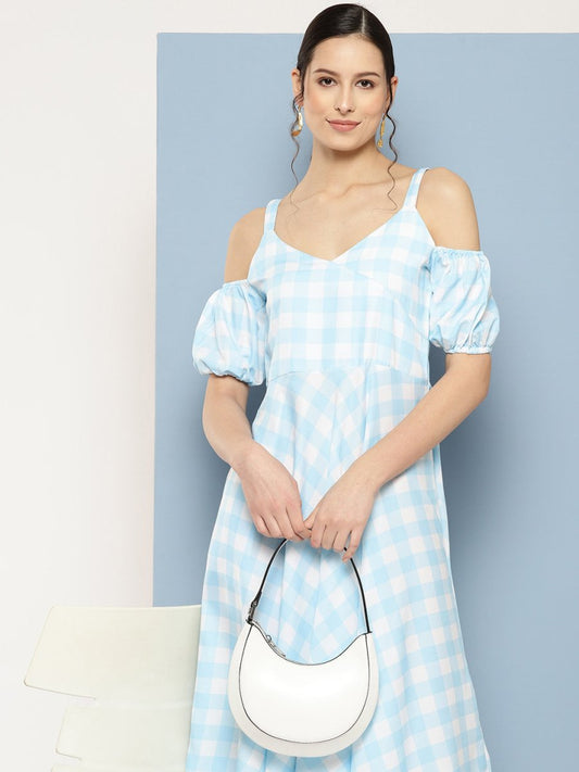 Ahalyaa Checked Cold-Shoulder Sleeves Midi Empire Ethnic Dress | Swadesiicart
