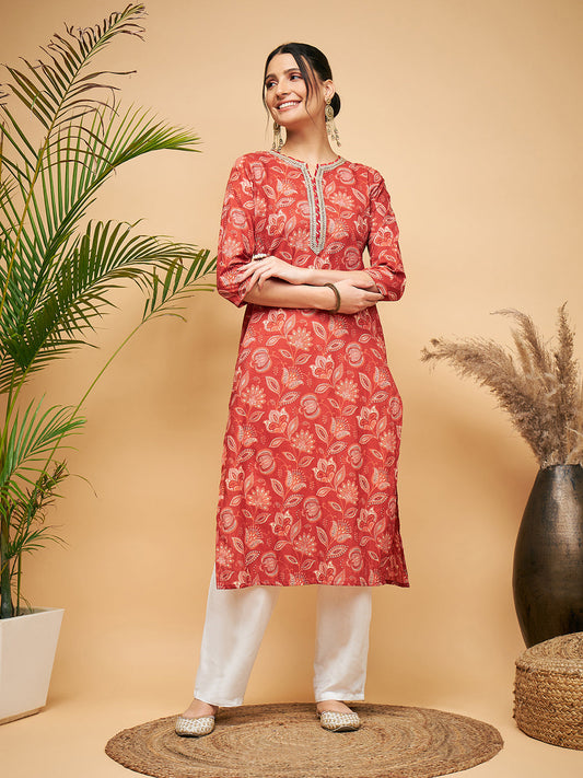 InWeave Women's Rust Paisley Print Gota Straight Kurta - Swadesiicart