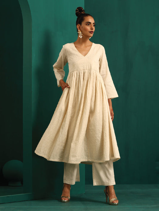trueBrowns Ivory Tonal Cotton Anarkali Kurta Pant Set | Swadesiicart