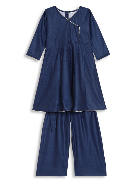 Ahalyaa Girls Navy Blue Velvet Angrakha Gotta Patti Kids Kurta with Palazzos | Swadesiicart