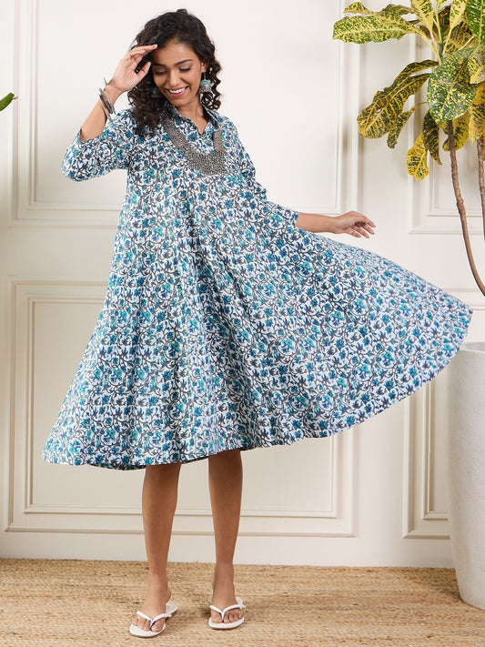 InWeave Aqua Blue Floral Grey Jaal Collar Flared Dress - Swadesiicart