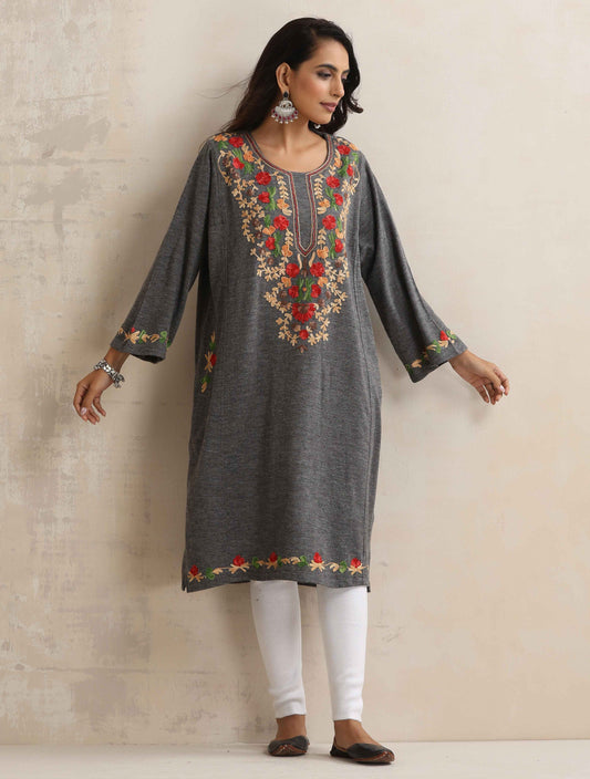 trueBrowns Grey Kashmiri Embroidered Woollen Phiran Kurta | Swadesiicart