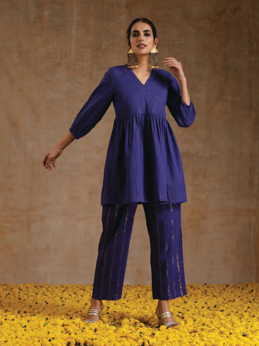 trueBrowns Spectrum Blue Gold Cotton Overlap Co-Ord Set - Swadesiicart
