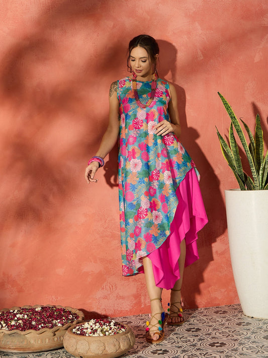 InWeave Blue Floral Fuchsia Asymmetrical Dress - Swadesiicart
