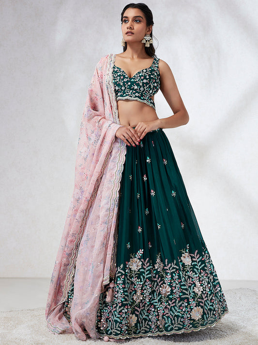 House of Panchhi Teal - Georgette Sequins, Mirror And Thread Embroidery Lehenga Choli | Swadesiicart