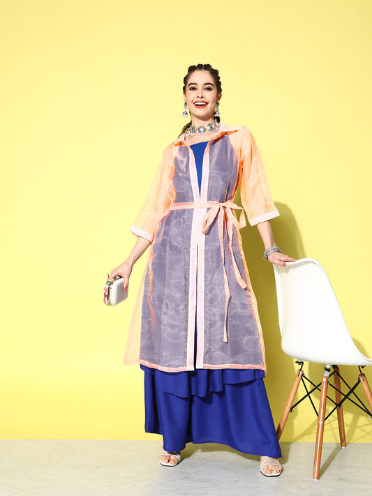 InWeave Women's Ink Blue Strappy Kurta Set With Peach Organza Cape - Swadesiicart