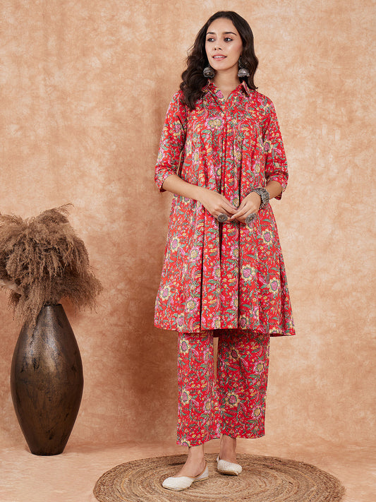InWeave Women's Red Yellow Floral Print Flared Kurta Pant Set - Swadesiicart
