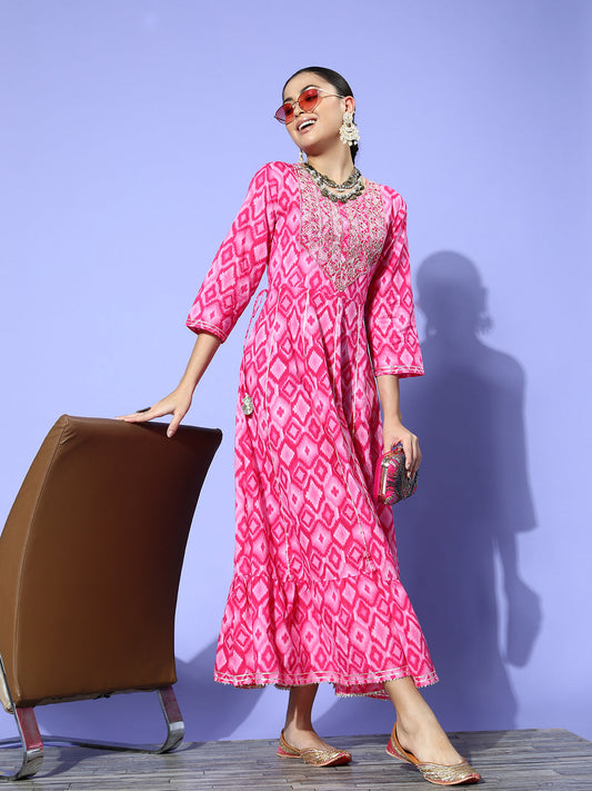 InWeave Women's Abstract Pink Print Long Dress With Work - Swadesiicart