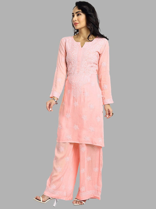 ADA Floral Embroidered Long Sleeves Regular Lucknowi Chikankari Kurta With Palazzos | Swadesiicart