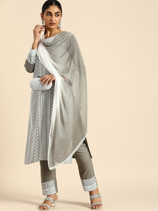 All About You Women Embroidered Chikankari Kurta With Trousers & With Dupatta | Swadesiicart
