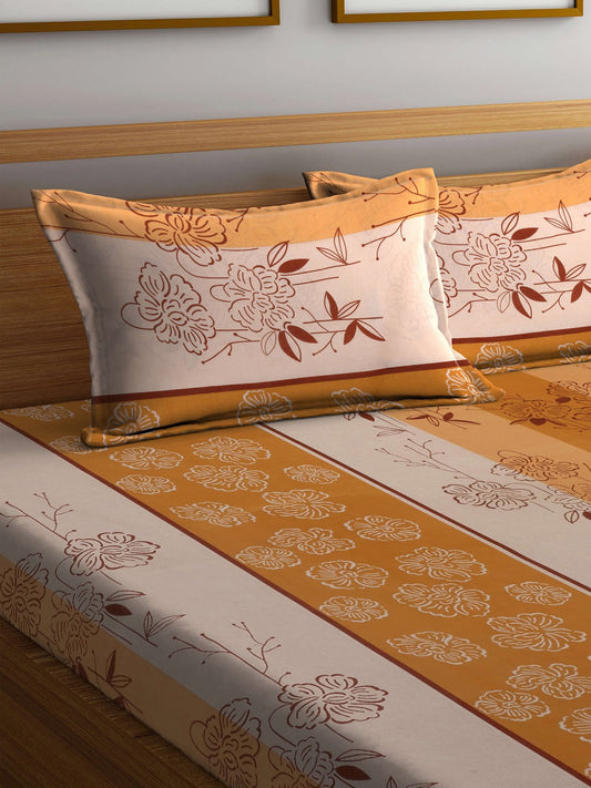 BOMBAY DYEING Beige & Yellow Printed Cotton 104 TC King Bedsheet With 2 Pillow Covers - Swadesiicart