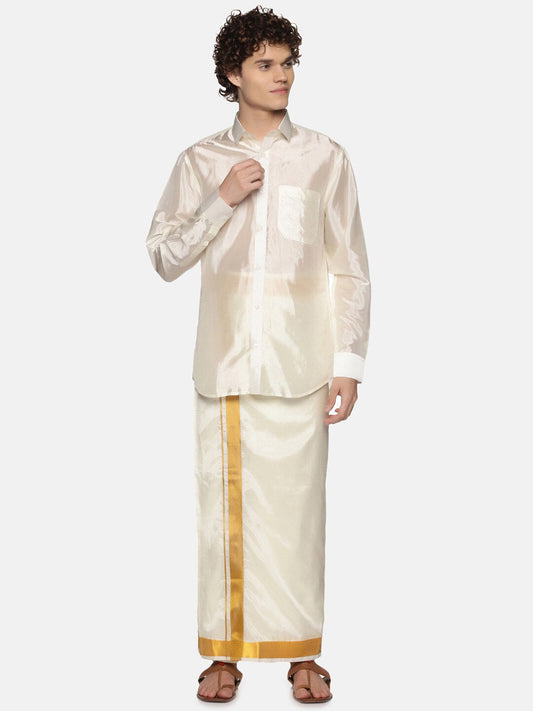 Sethukrishna Men Cream Art Silk Gold Zari Border Dhoti | Swadesiicart