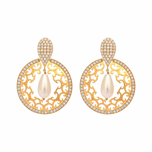 Nuyug 22K Gold Plated Cubic Zirconia Studded Contemporary Moon Shaped Pearl Drop Chandbalis | Swadesiicart