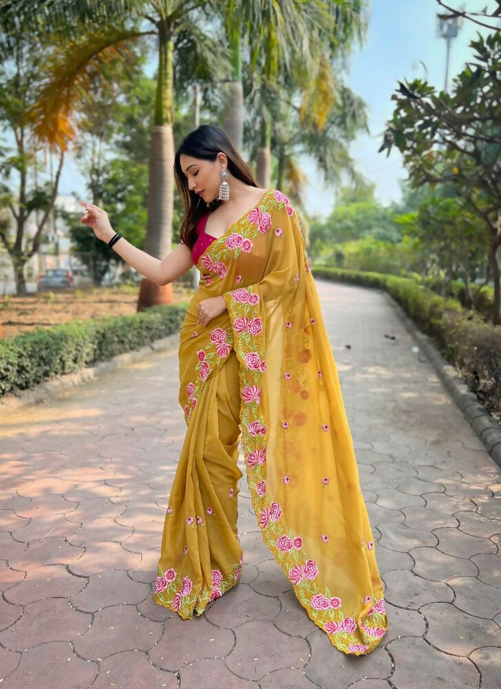 Vamsee Nimrat Mustard Organza Silk Saree - Swadesiicart
